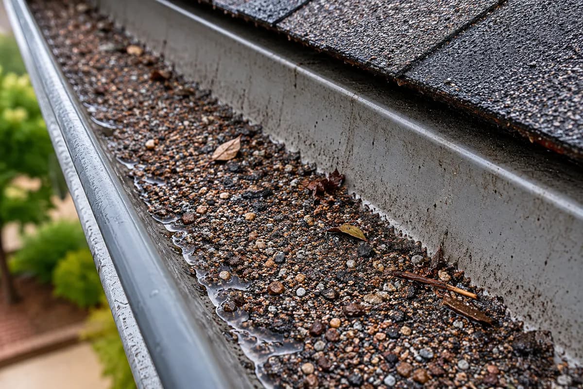 Gritty granules and sediment collected in a roof gutter