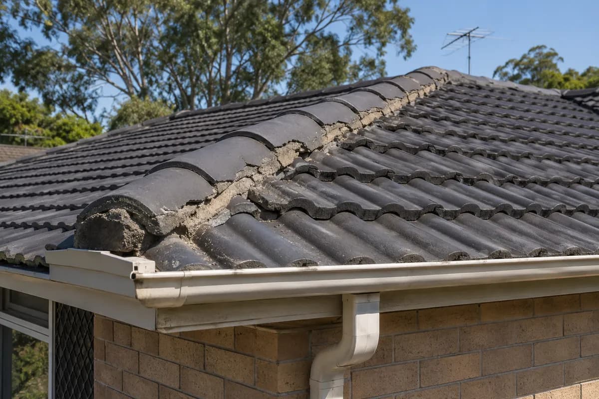 Cracked, crumbling mortar along the ridge capping of a tile roof