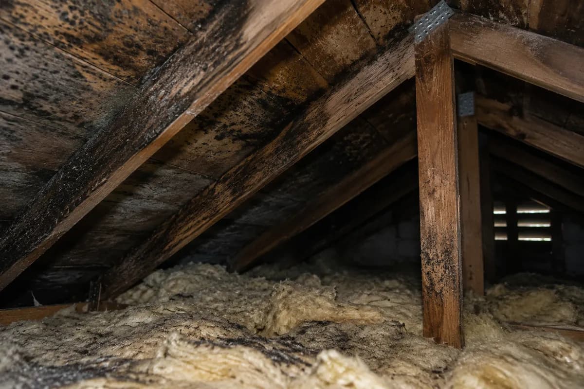 Damp patches and mould inside a roof cavity from trapped moisture