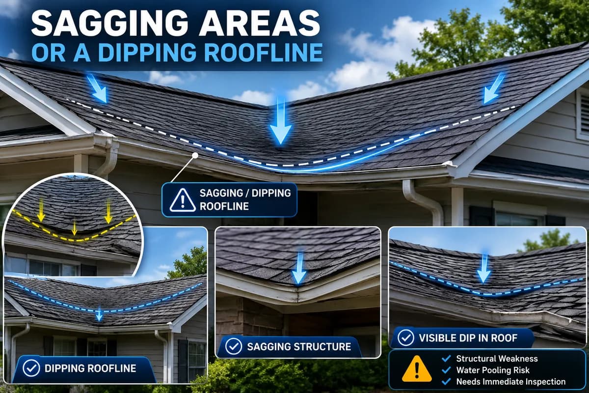 A visibly sagging, dipping roofline signalling structural roof damage