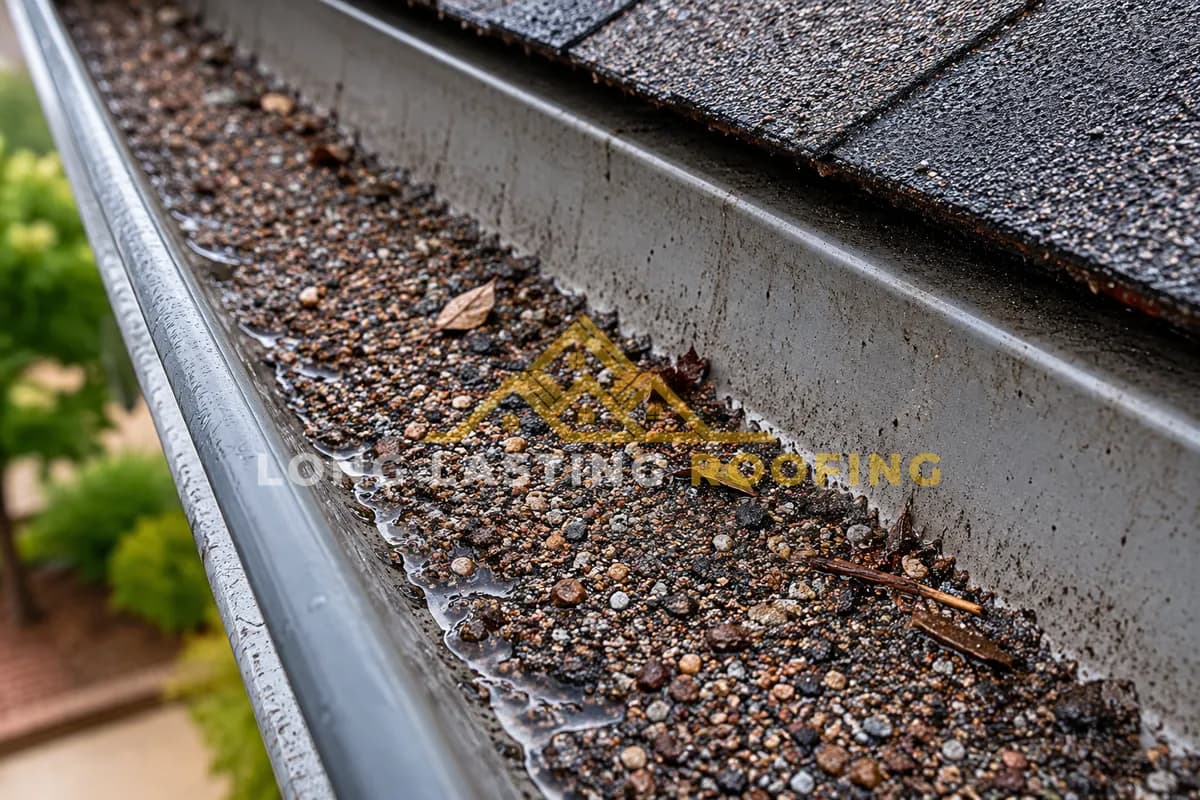 Gritty granules and sediment collected in a roof gutter