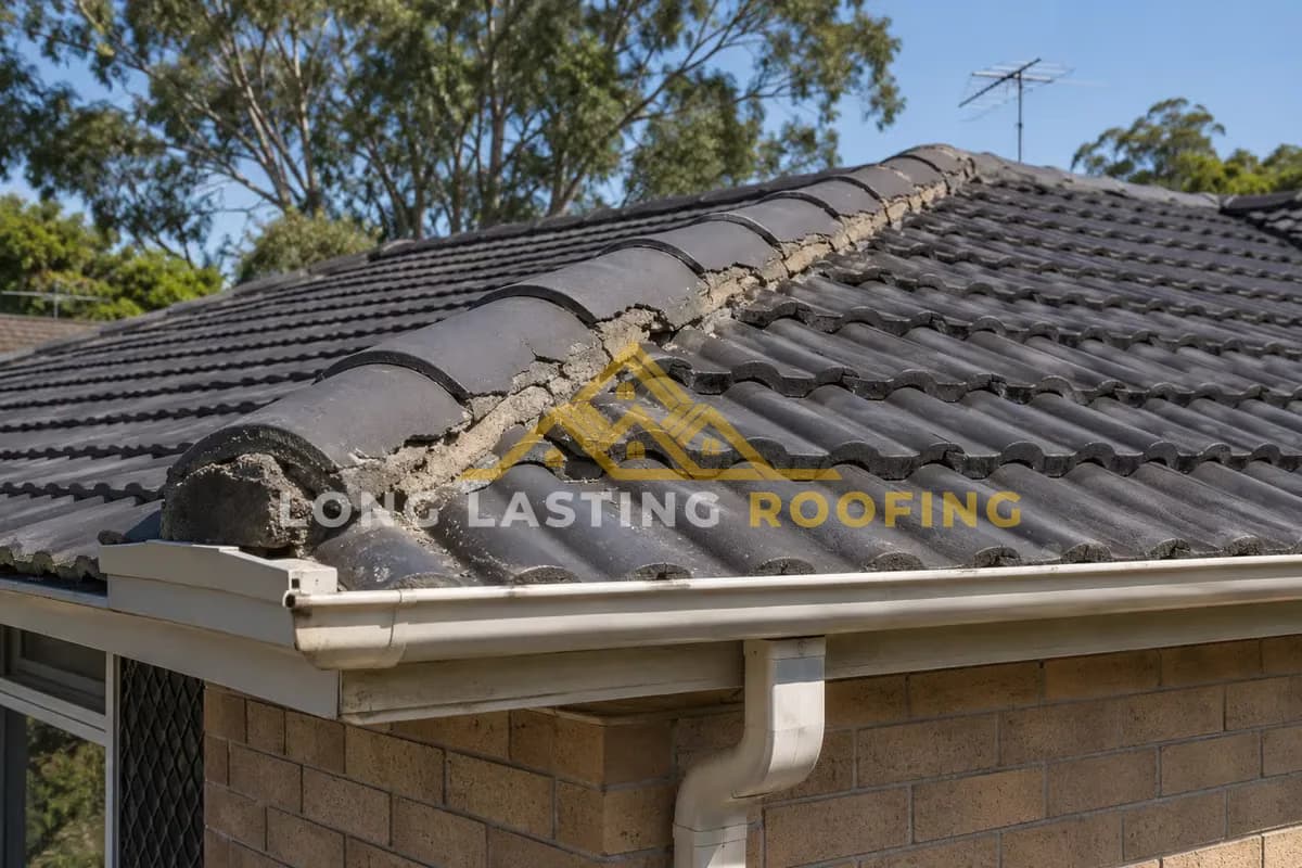 Cracked, crumbling mortar along the ridge capping of a tile roof