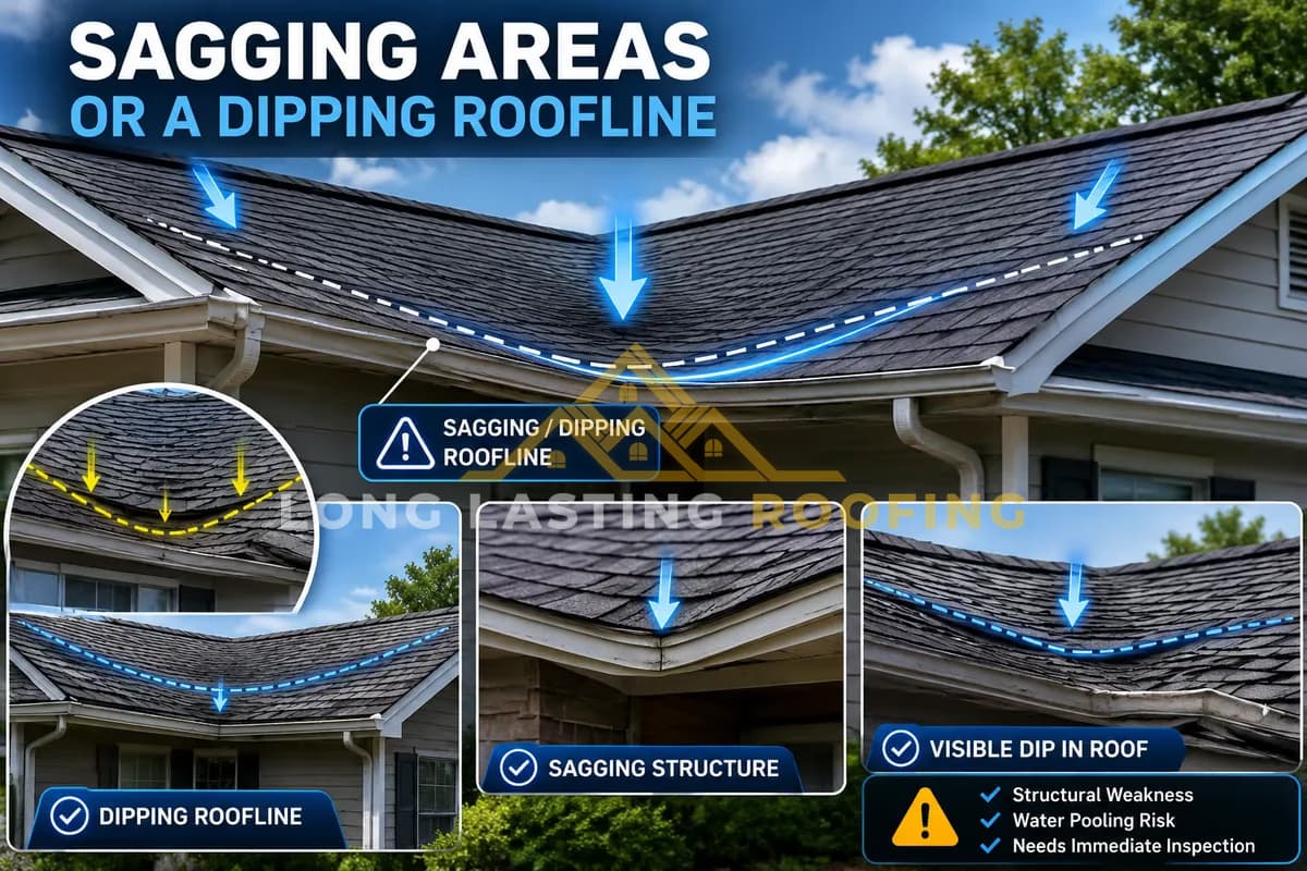 A visibly sagging, dipping roofline signalling structural roof damage